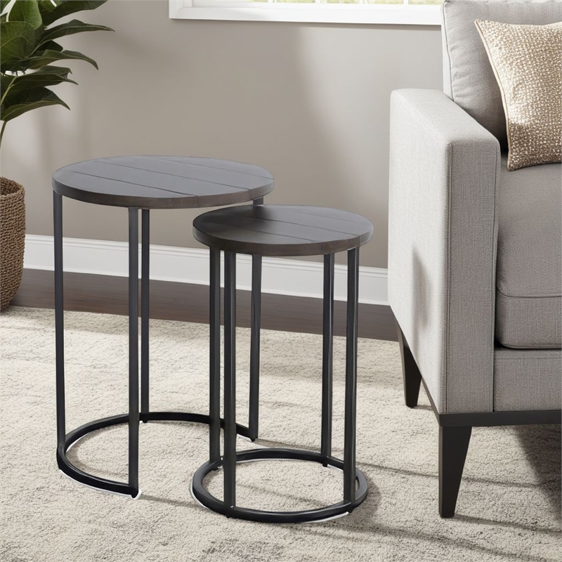 Flint 2 Piece Nesting Table Set- Dark Brown Mahogany- Black Metal Base