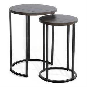 Flint 2 Piece Nesting Table Set- Dark Brown Mahogany- Black Metal Base