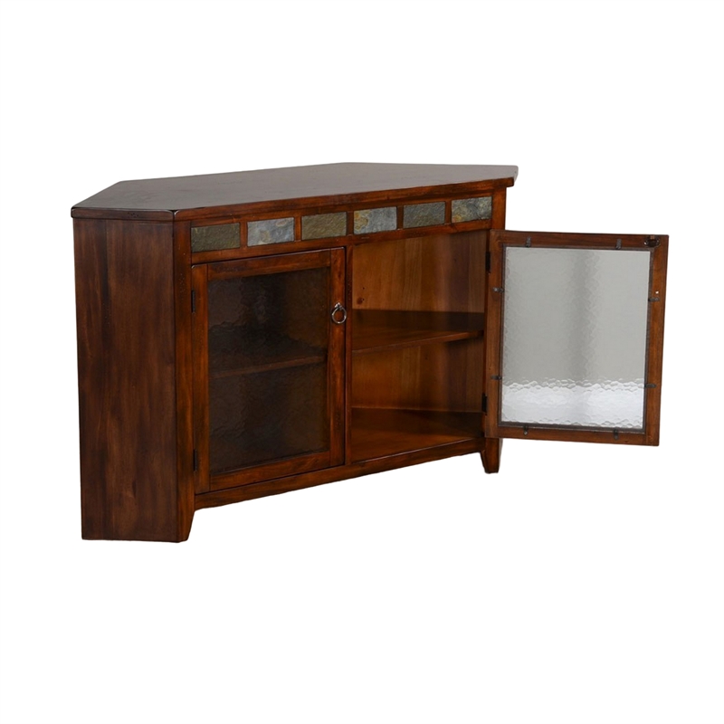 Odel Corner TV Console- Glass Doors- Dark Brown Mahogany- 55 Inch