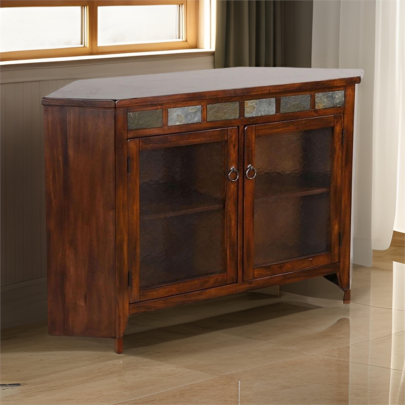 Odel Corner TV Console- Glass Doors- Dark Brown Mahogany- 55 Inch