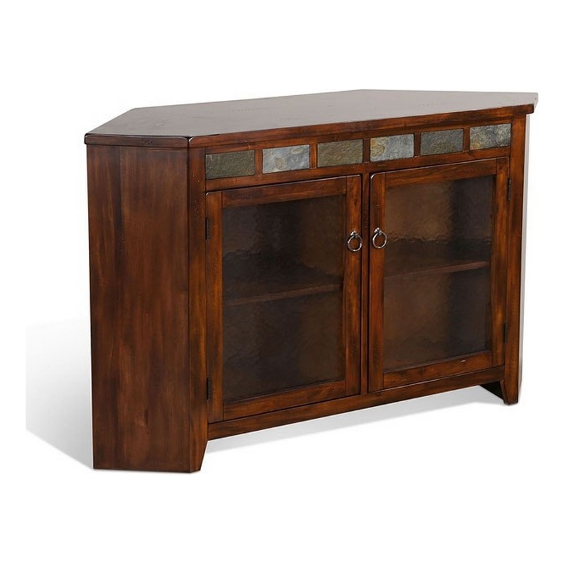 Odel Corner TV Console- Glass Doors- Dark Brown Mahogany- 55 Inch
