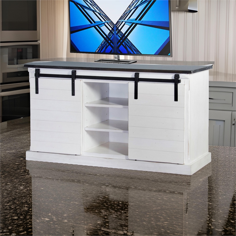 Zena TV Media Console- 3 Shelves- 2 Barn Doors- White- Brown- 65 Inch
