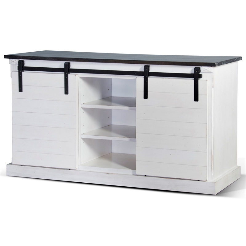 Zena TV Media Console- 3 Shelves- 2 Barn Doors- White- Brown- 65 Inch