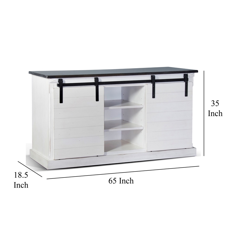 Zena TV Media Console- 3 Shelves- 2 Barn Doors- White- Brown- 65 Inch