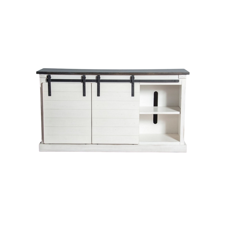 Zena TV Media Console- 3 Shelves- 2 Barn Doors- White- Brown- 65 Inch