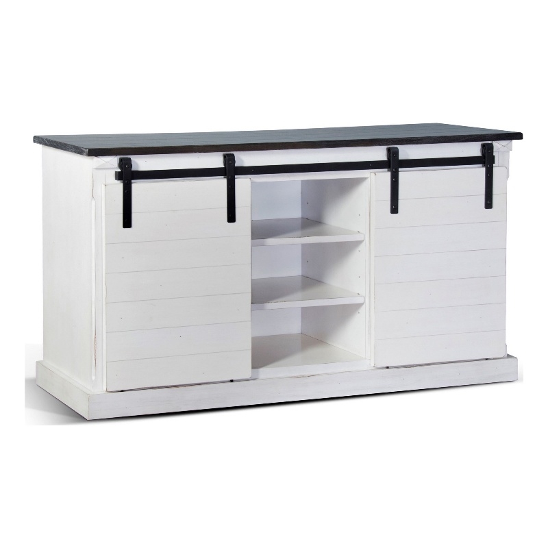 Zena TV Media Console- 3 Shelves- 2 Barn Doors- White- Brown- 65 Inch