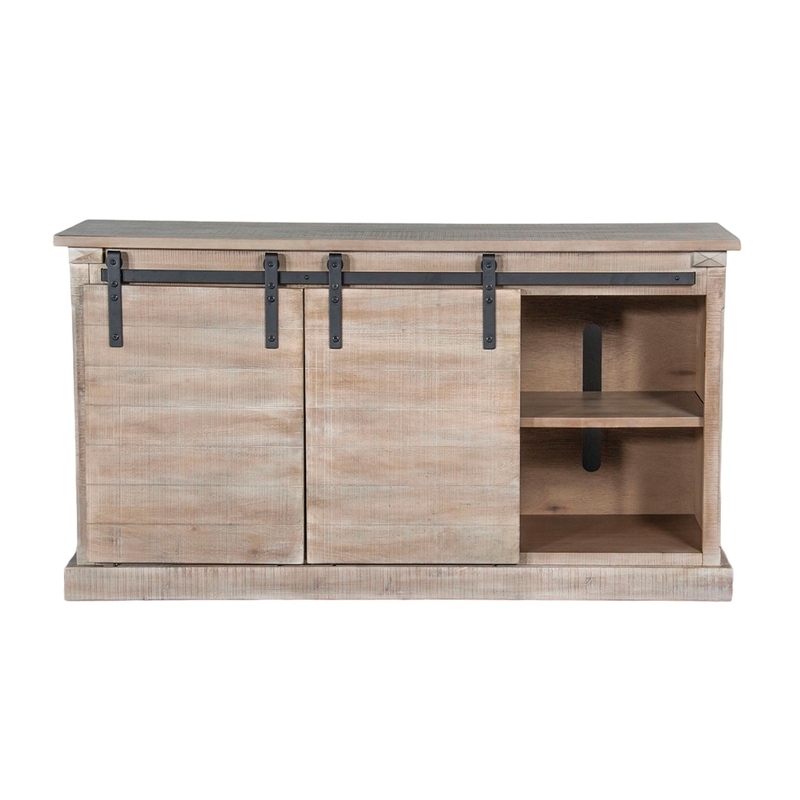 Zena TV Media Console- 3 Shelves- 2 Barn Doors- Taupe Wood- 65 Inch