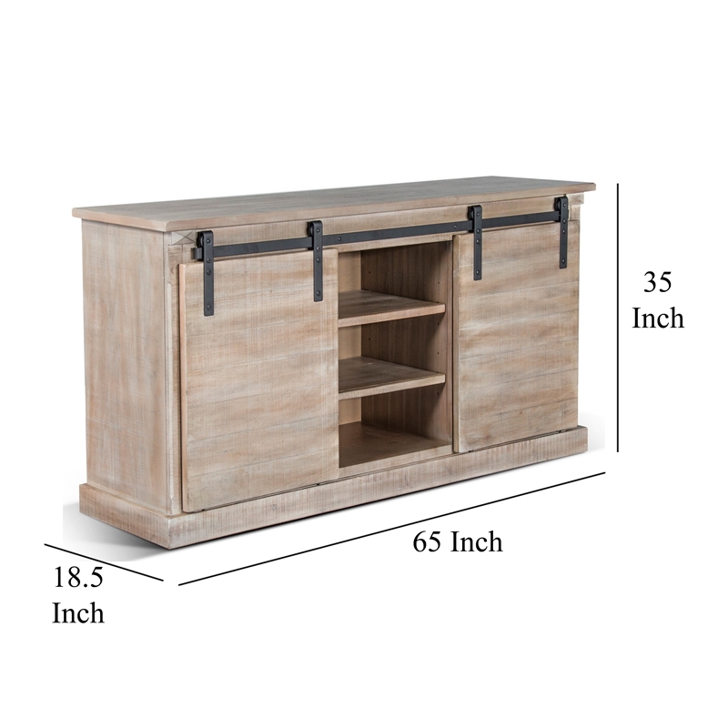 Zena TV Media Console- 3 Shelves- 2 Barn Doors- Taupe Wood- 65 Inch