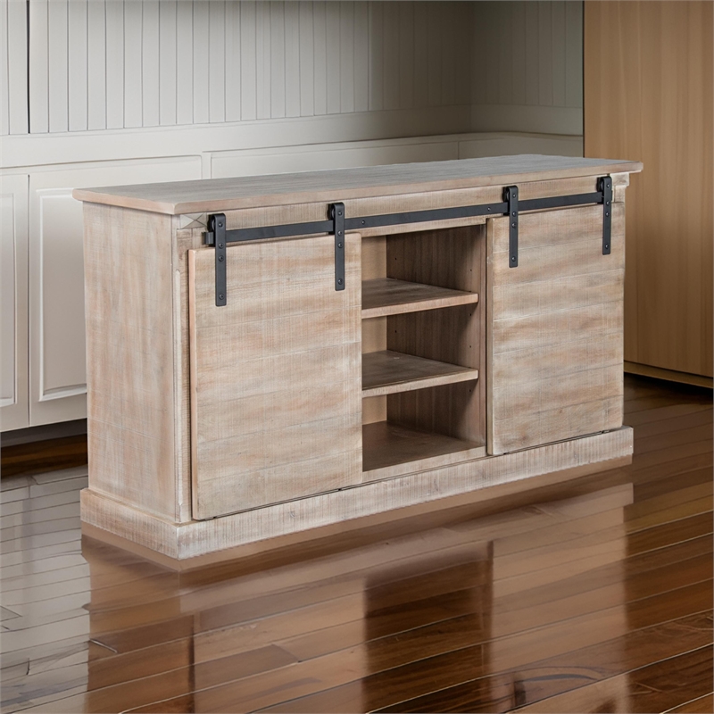 Zena TV Media Console- 3 Shelves- 2 Barn Doors- Taupe Wood- 65 Inch