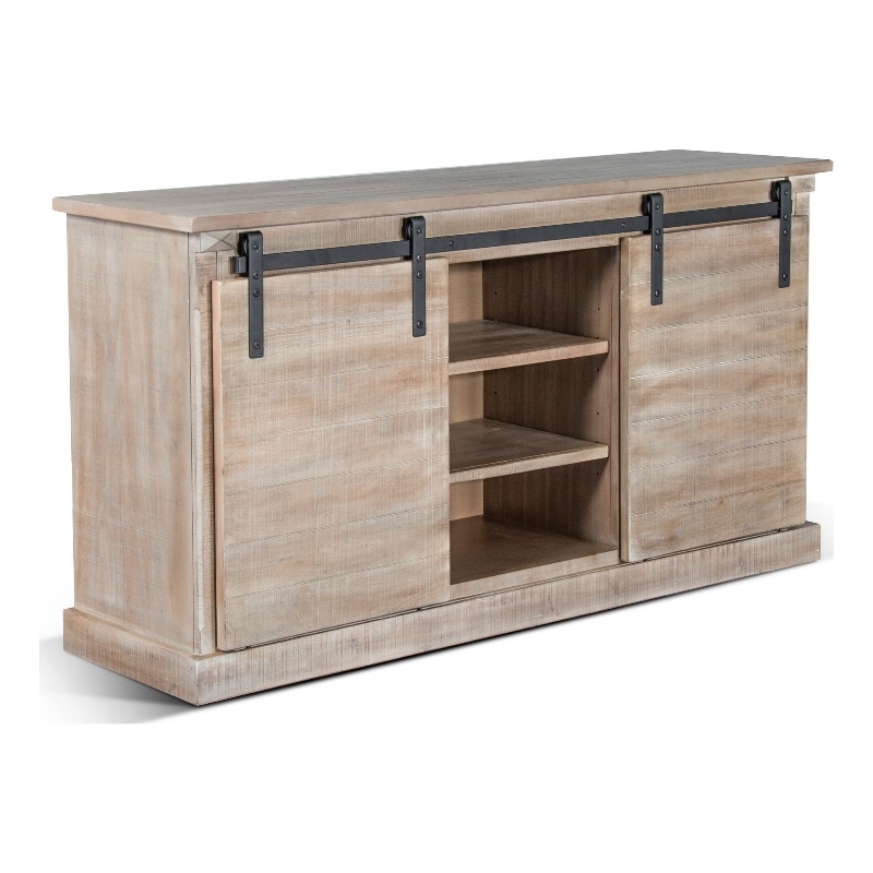 Zena TV Media Console- 3 Shelves- 2 Barn Doors- Taupe Wood- 65 Inch