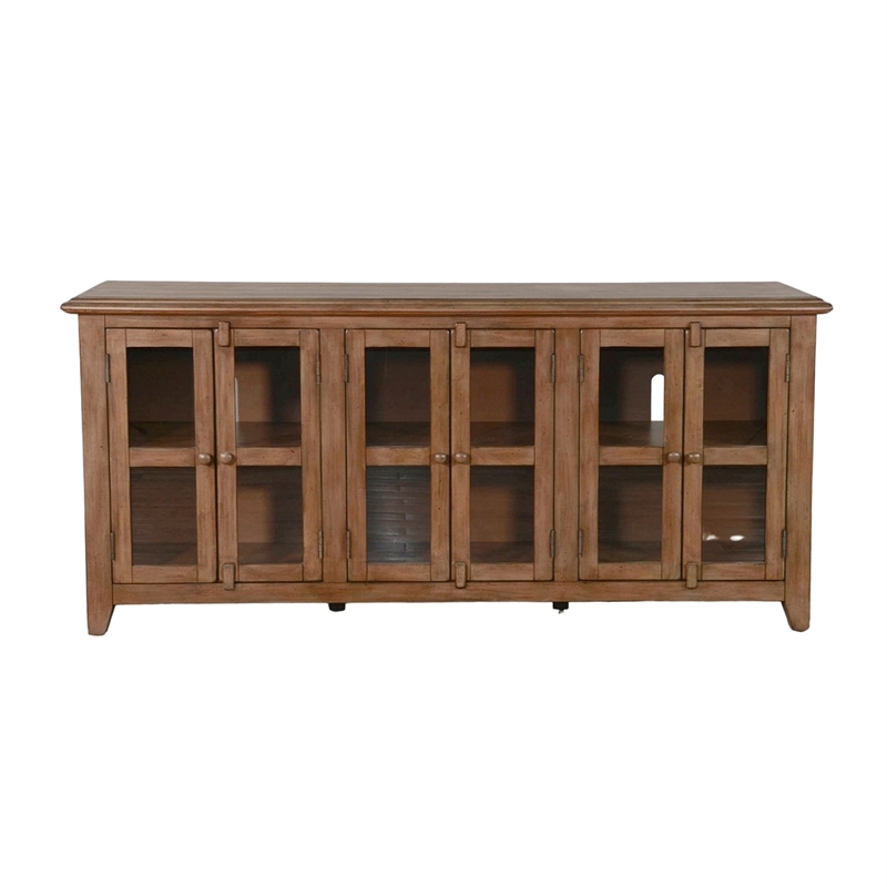 Yael TV Media Console- 6 Shelf- Glass Doors- 70 Inch Light Brown Wood