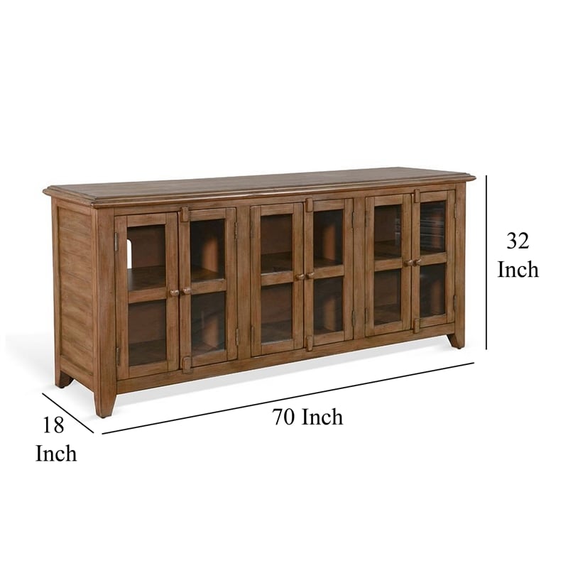Yael TV Media Console- 6 Shelf- Glass Doors- 70 Inch Light Brown Wood