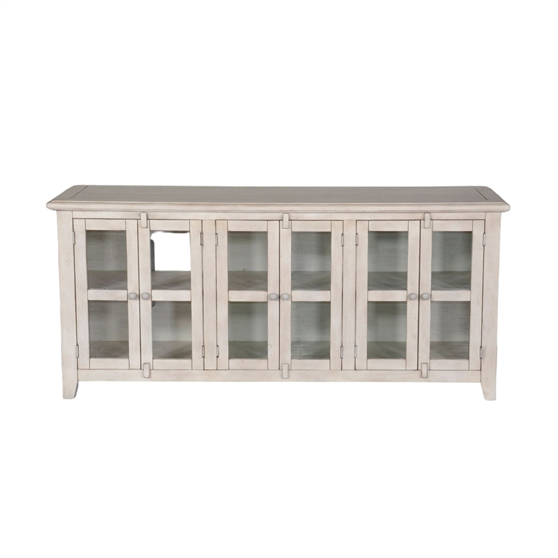 Yael TV Media Console- 6 Shelves- Glass Doors- White Mahogany- 70 Inch