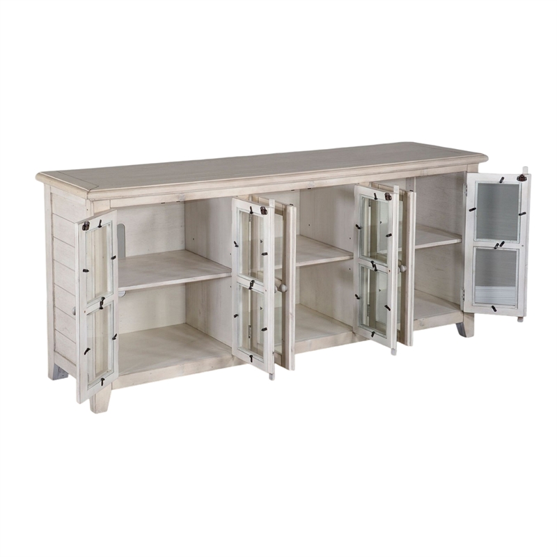 Yael TV Media Console- 6 Shelves- Glass Doors- White Mahogany- 70 Inch