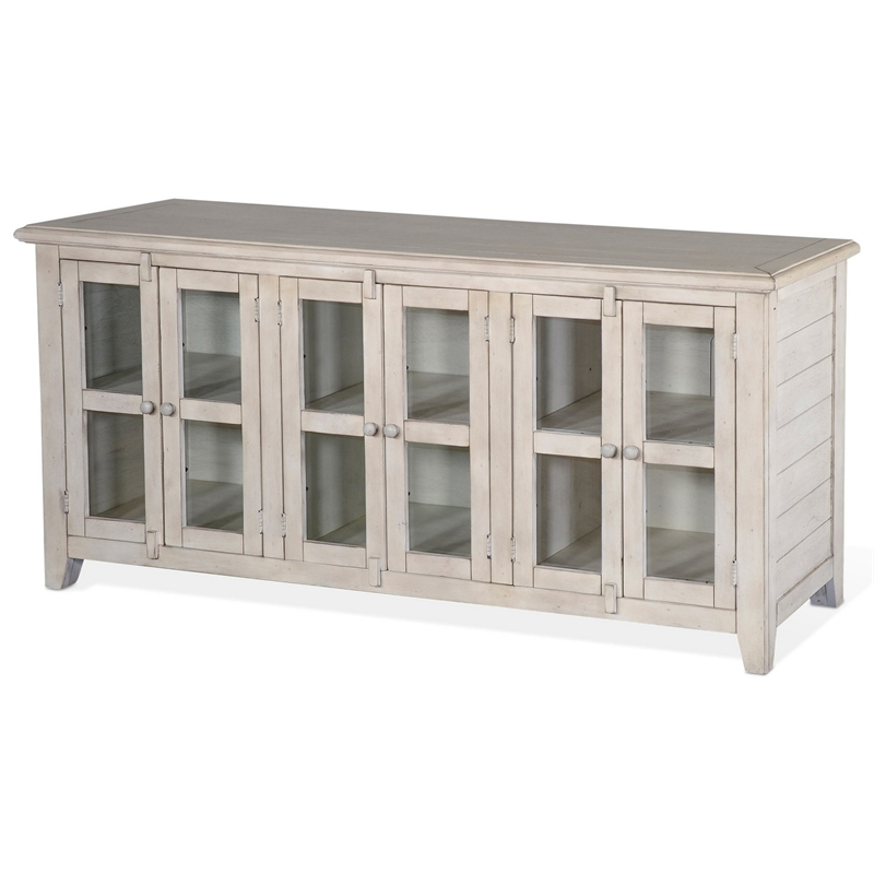 Yael TV Media Console- 6 Shelves- Glass Doors- White Mahogany- 70 Inch