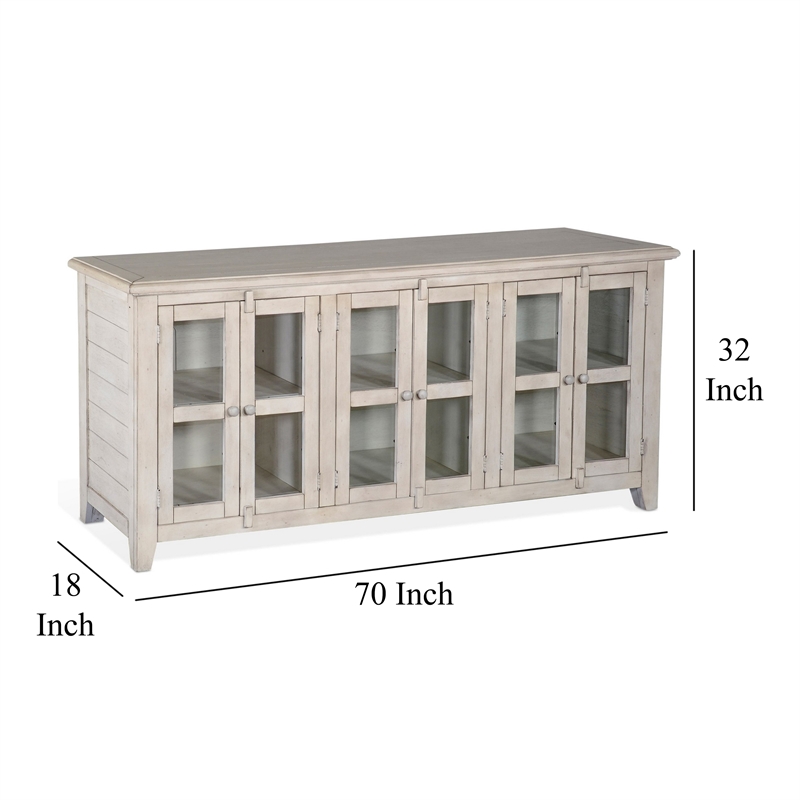 Yael TV Media Console- 6 Shelves- Glass Doors- White Mahogany- 70 Inch