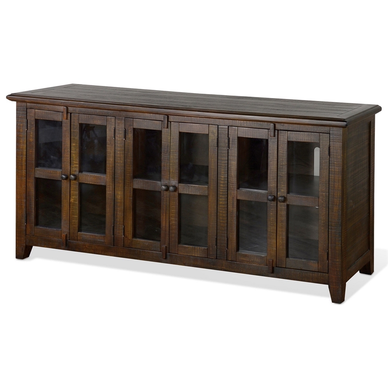 Yael TV Media Console- 6 Shelves- Glass Doors- 70 Inch Dark Brown Wood
