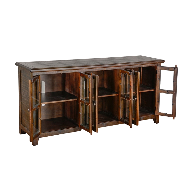 Yael TV Media Console- 6 Shelves- Glass Doors- 70 Inch Dark Brown Wood