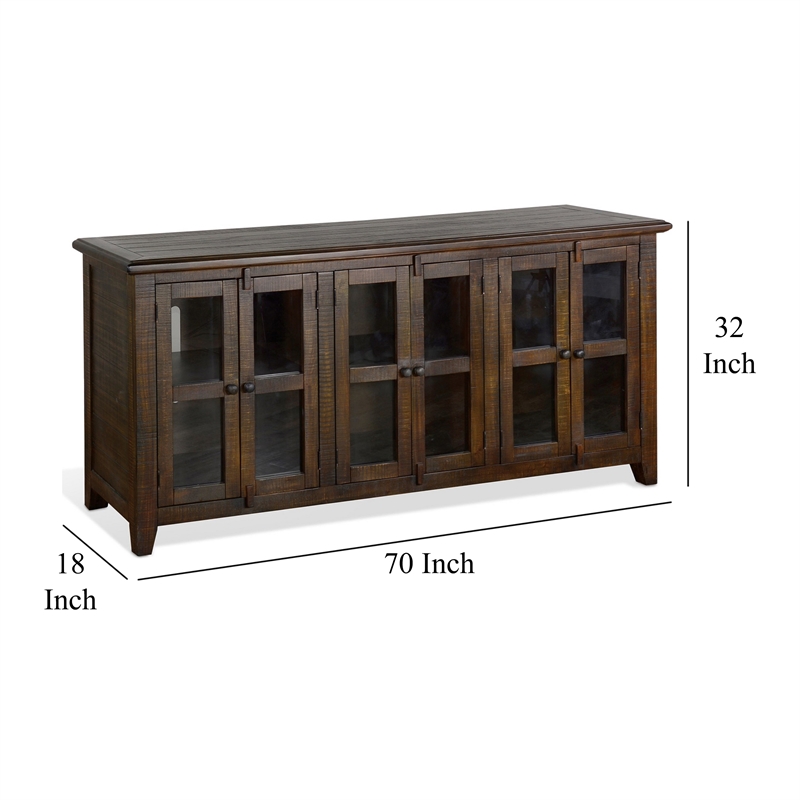 Yael TV Media Console- 6 Shelves- Glass Doors- 70 Inch Dark Brown Wood