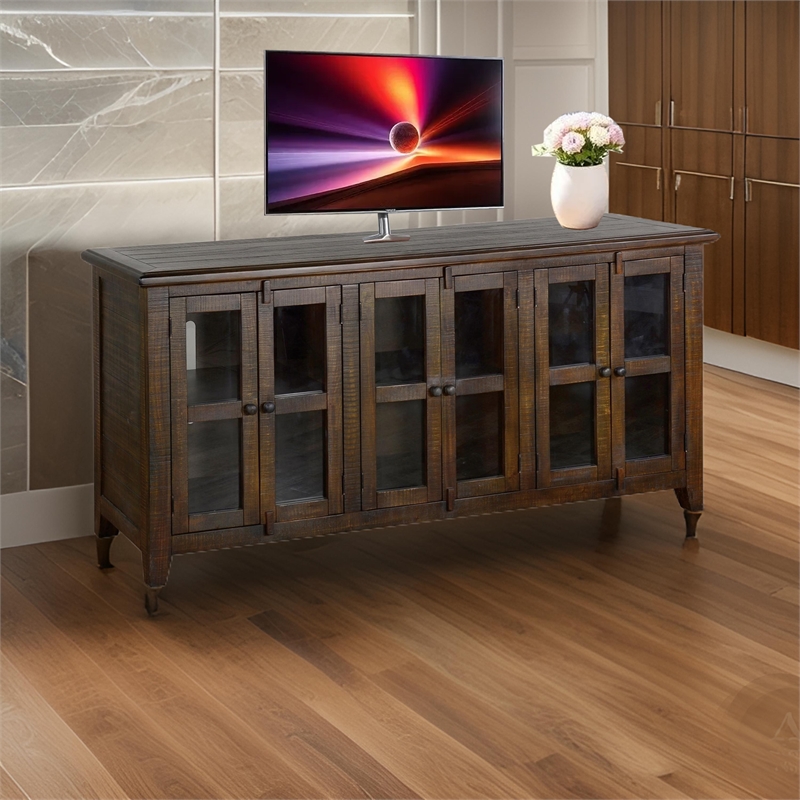 Yael TV Media Console- 6 Shelves- Glass Doors- 70 Inch Dark Brown Wood