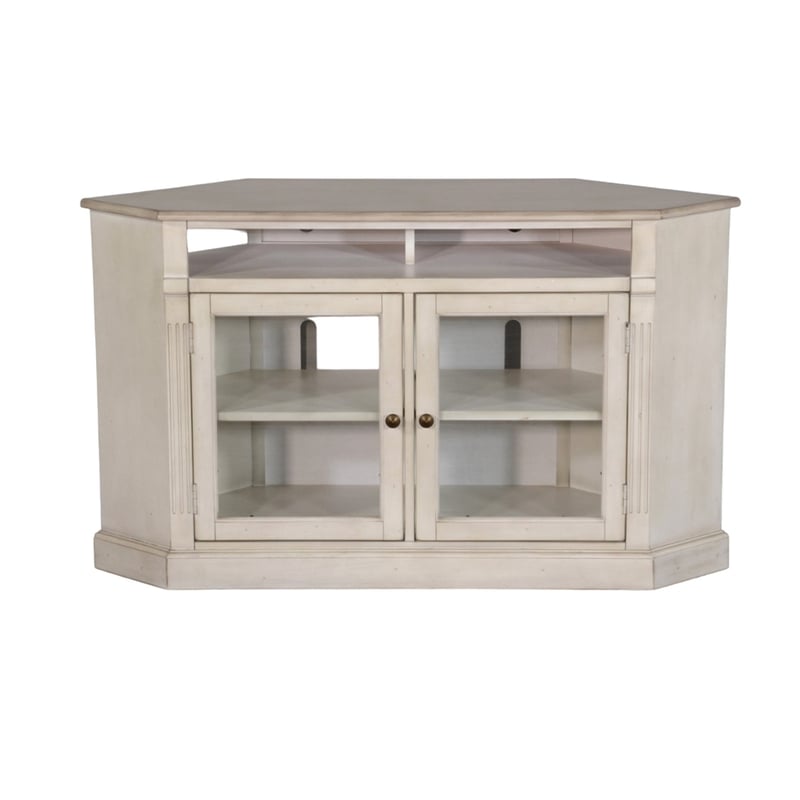 Sain Corner TV Media Console- 6 Shelf- 2 Glass Door 55 Inch Taupe Wood