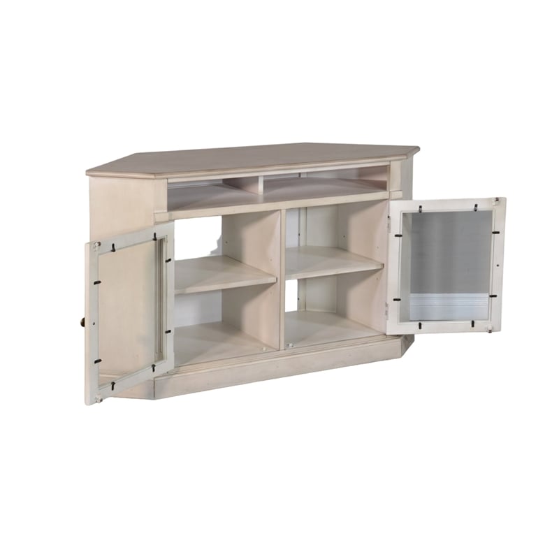 Sain Corner TV Media Console- 6 Shelf- 2 Glass Door 55 Inch Taupe Wood