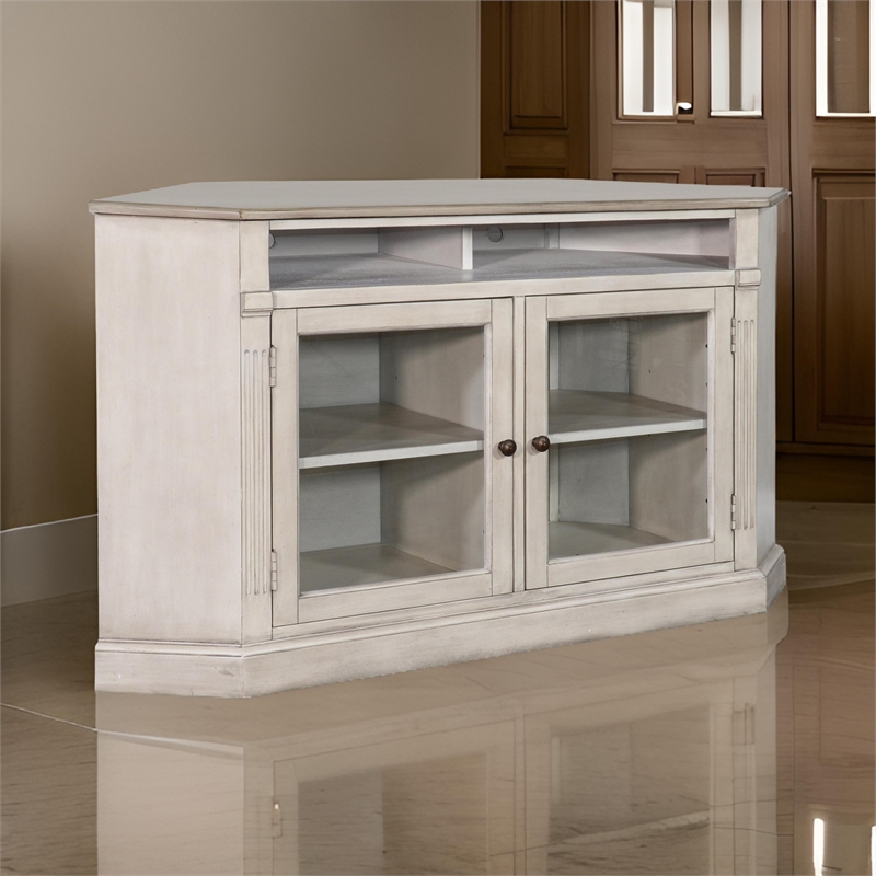 Sain Corner TV Media Console- 6 Shelf- 2 Glass Door 55 Inch Taupe Wood