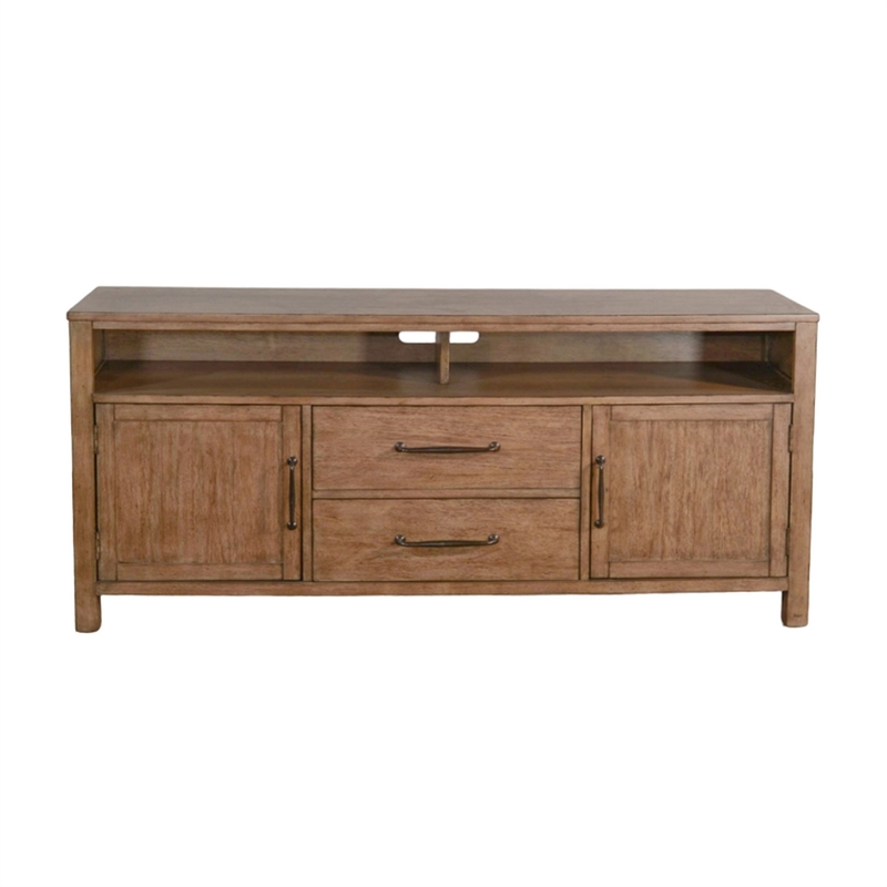 Yael TV Media Console- 4 Shelves- 2 Drawers- Light Brown Wood- 66 Inch