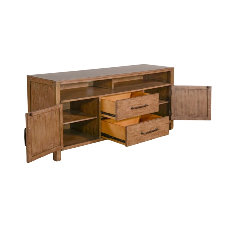 Yael TV Media Console- 4 Shelves- 2 Drawers- Light Brown Wood- 66 Inch