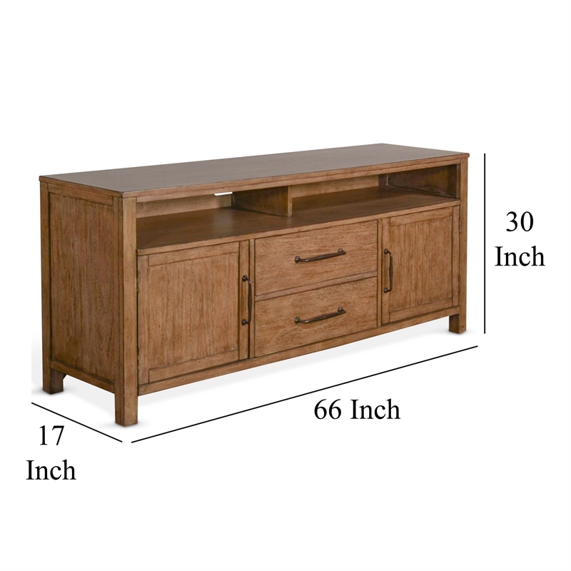Yael TV Media Console- 4 Shelves- 2 Drawers- Light Brown Wood- 66 Inch