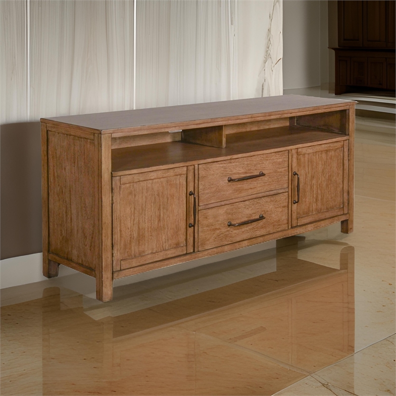 Yael TV Media Console- 4 Shelves- 2 Drawers- Light Brown Wood- 66 Inch