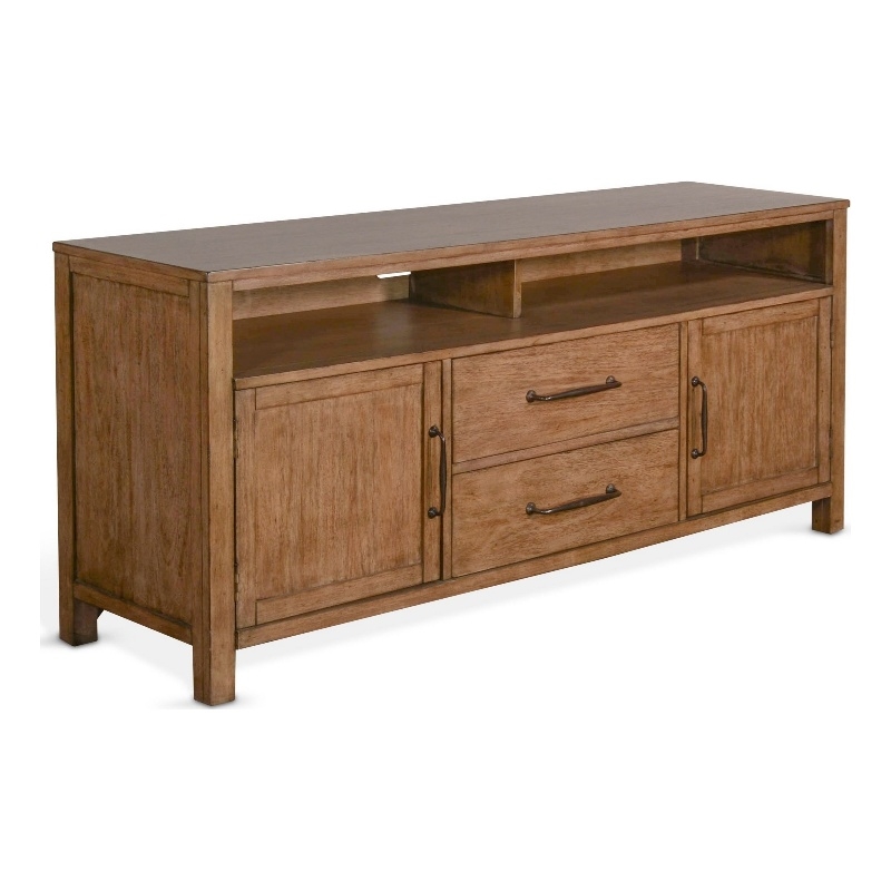 Yael TV Media Console- 4 Shelves- 2 Drawers- Light Brown Wood- 66 Inch