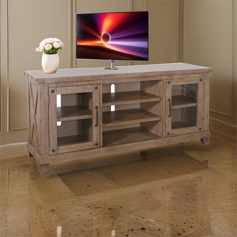 Anva TV Media Console- Shelves- Doors- Light Brown Mahogany- 64 Inch