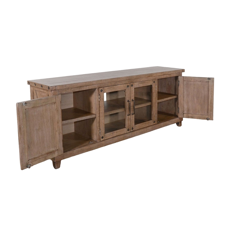 Anva TV Media Console- Shelves- Doors- Light Brown Mahogany- 74 Inch