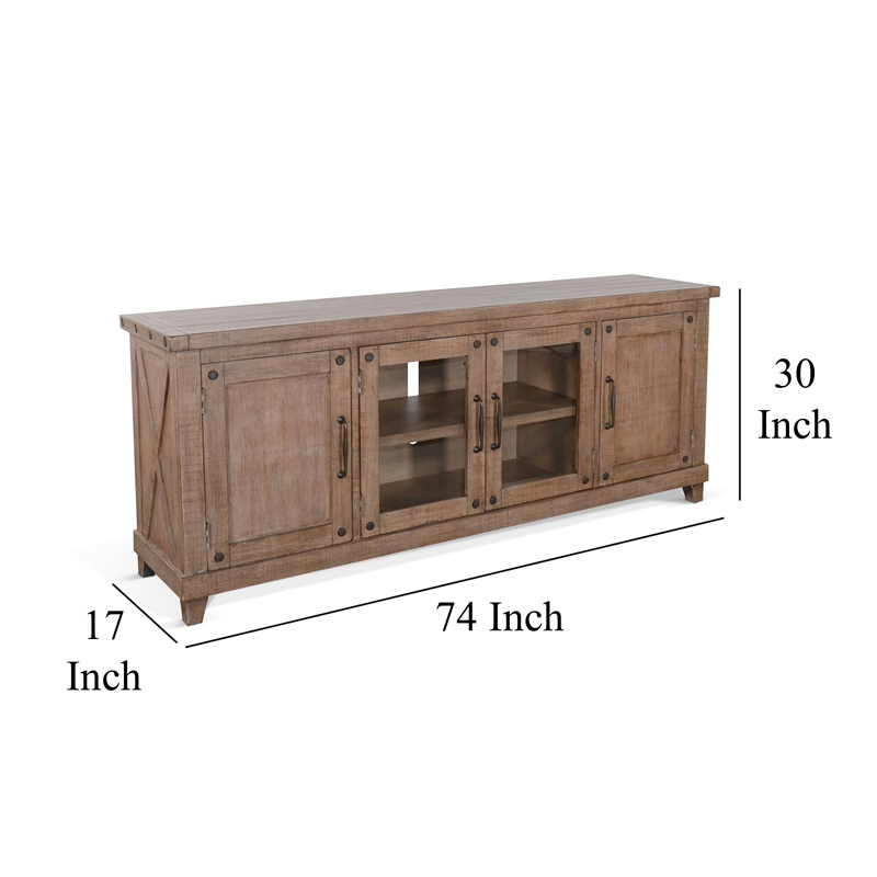 Anva TV Media Console- Shelves- Doors- Light Brown Mahogany- 74 Inch