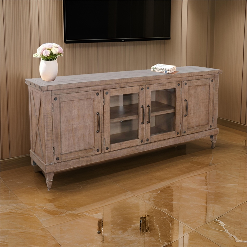 Anva TV Media Console- Shelves- Doors- Light Brown Mahogany- 74 Inch