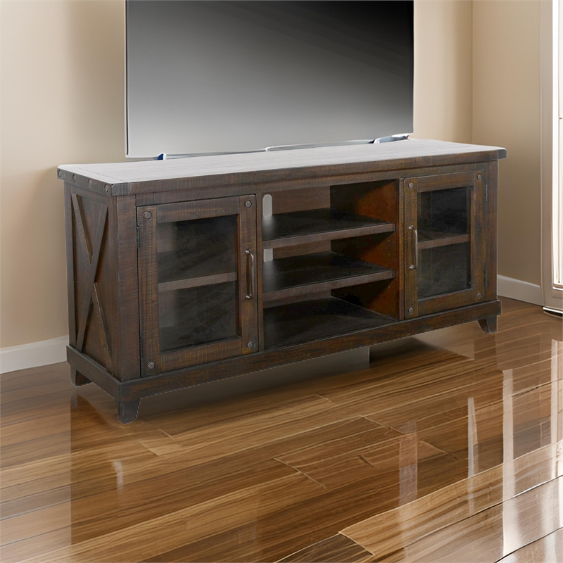 Anva TV Media Console- Shelves- Doors- Dark Brown Mahogany- 64 Inch