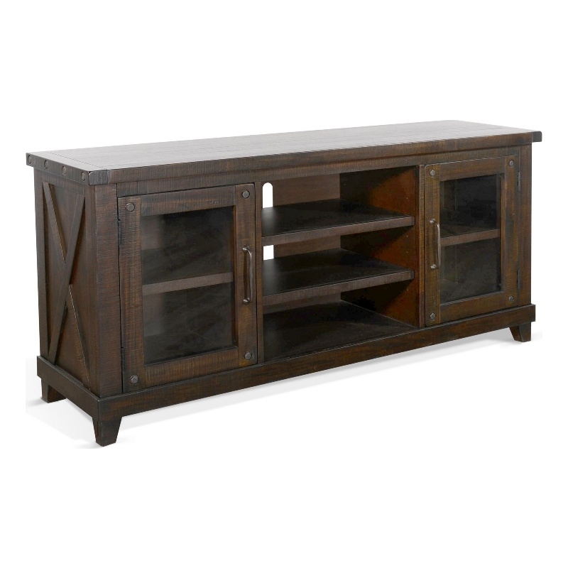 Anva TV Media Console- Shelves- Doors- Dark Brown Mahogany- 64 Inch