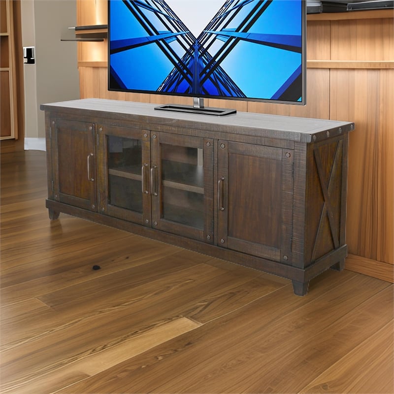 Anva TV Media Console- Shelves- Doors- Dark Brown Mahogany- 74 Inch