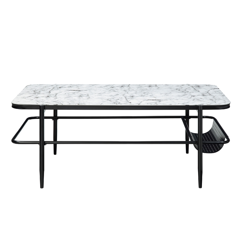 Marty 3pc Coffee End Table Set- White Marble Fluted Glass Tops- Black
