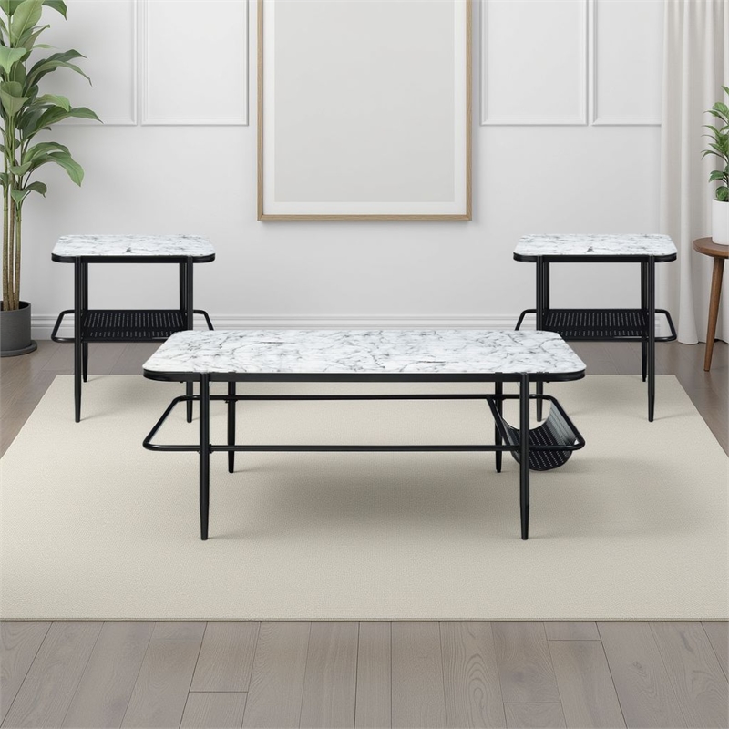 Marty 3pc Coffee End Table Set- White Marble Fluted Glass Tops- Black