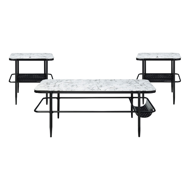 Marty 3pc Coffee End Table Set- White Marble Fluted Glass Tops- Black