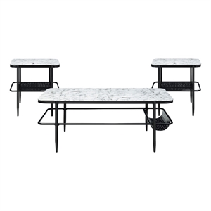 Marty 3pc Coffee End Table Set- White Marble Fluted Glass Tops- Black