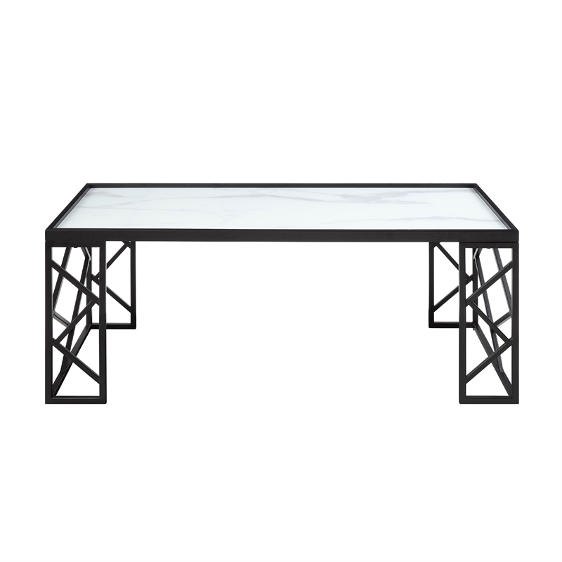 Anya 3pc Coffee and End Table Set- White Marble Print Glass Top- Black