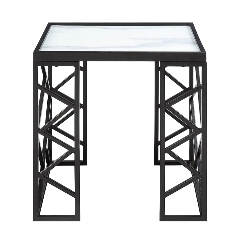 Anya 3pc Coffee and End Table Set- White Marble Print Glass Top- Black
