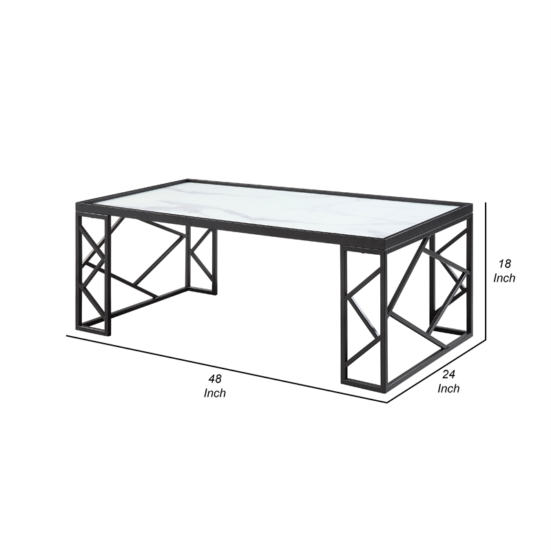 Anya 3pc Coffee and End Table Set- White Marble Print Glass Top- Black