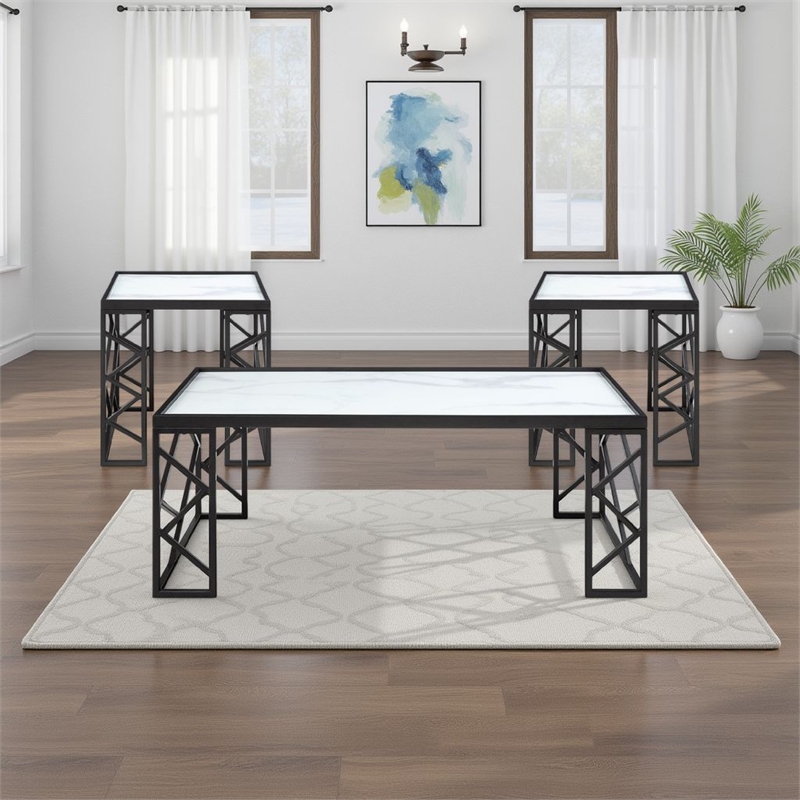 Anya 3pc Coffee and End Table Set- White Marble Print Glass Top- Black