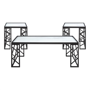 Anya 3pc Coffee and End Table Set- White Marble Print Glass Top- Black