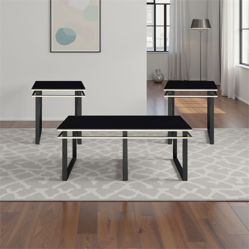 Zamie 3pc Coffee and End Table Set- Black Glass Top- Gold Accents