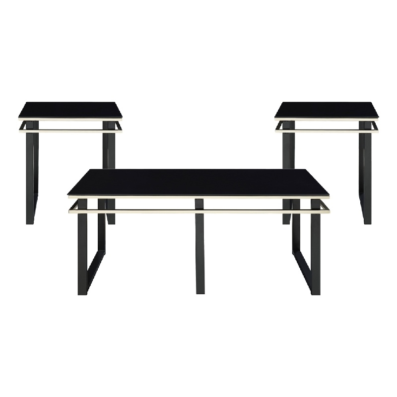 Zamie 3pc Coffee and End Table Set- Black Glass Top- Gold Accents